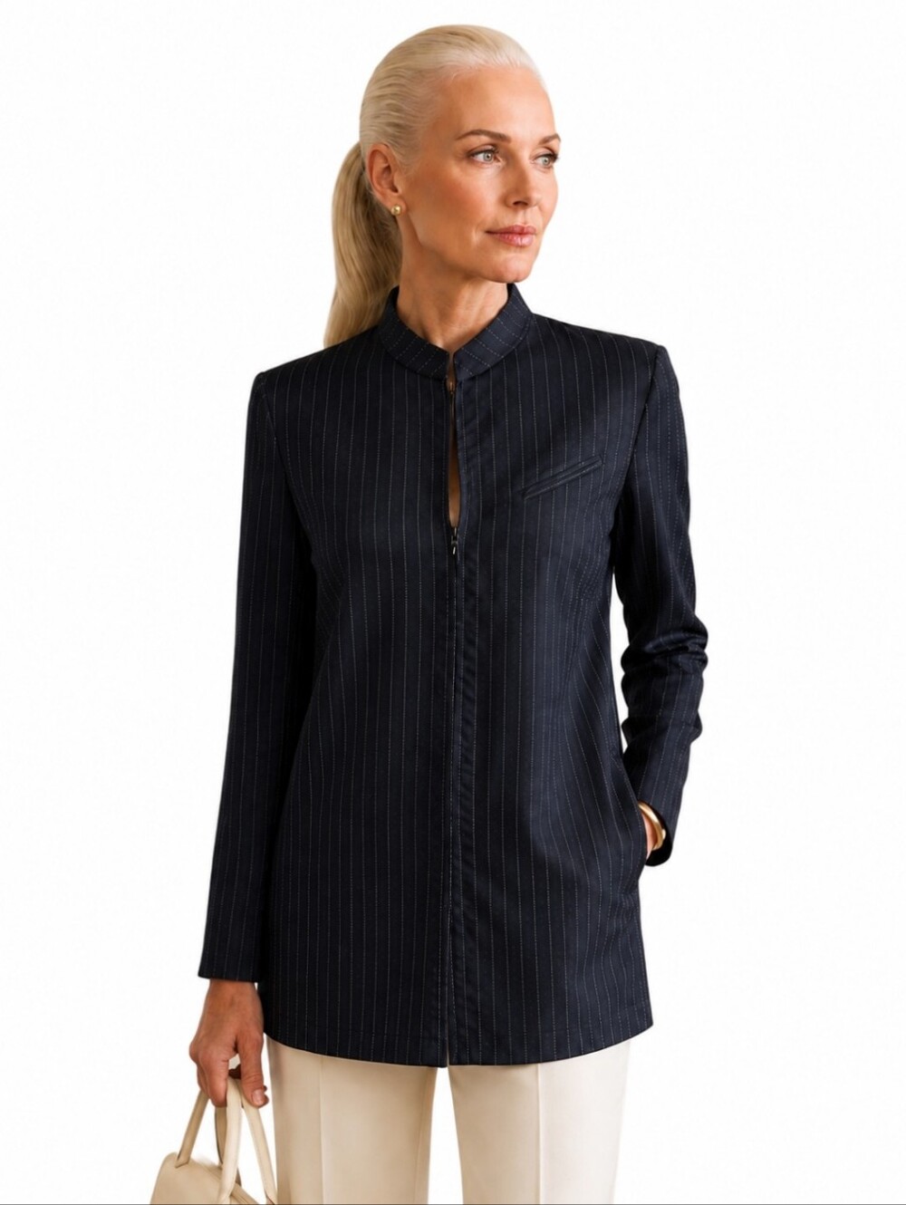 Black Pinstripe Wool Zip Front Mobwife chic Capsule Career Classic Blazer Sz 10